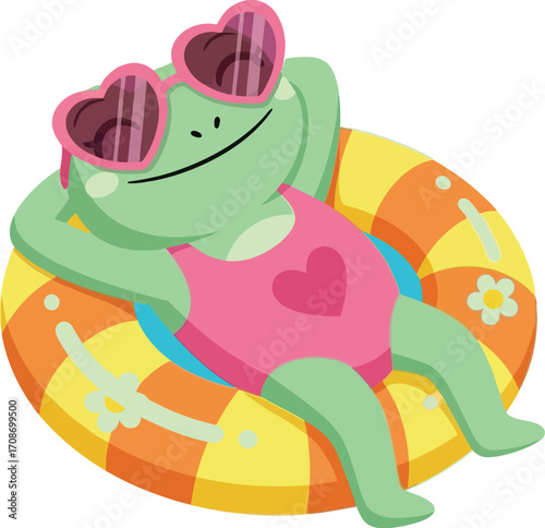 Frog on floatie summer vibes cartoon vector illustration editable vector