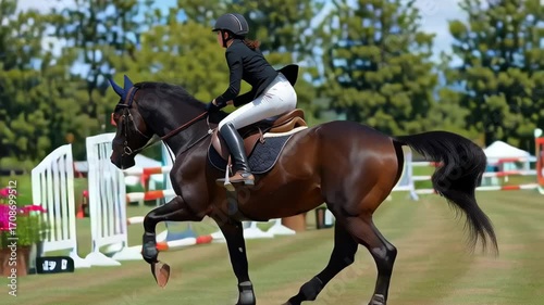 A female rider guiding her horse over a jump during an equestrian competition, highlighting skill, strength, and precision in show jumping.