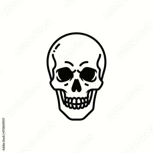 Minimalist Black and White Skull Icon, Simple Line Art Drawing of a Human Skull Head
