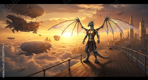 Majestic dragon stands guard over steampunk city with airships soaring through golden sunset skies