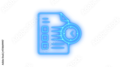 Blue neon glowing checklist icon with a clock symbol, representing time management, task completion, and business planning in a modern digital illustration.