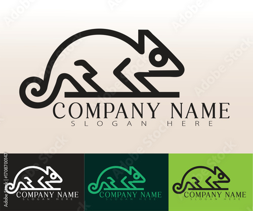 A simple logo design of a chameleon illustrated with stylized lines.