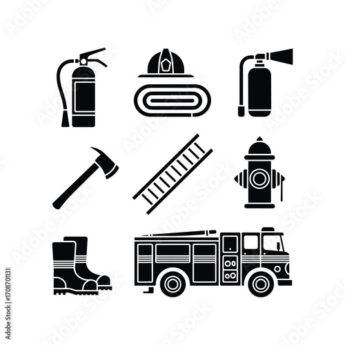 Collection of firefighter equipment and fire truck icons representing safety and emergency services
