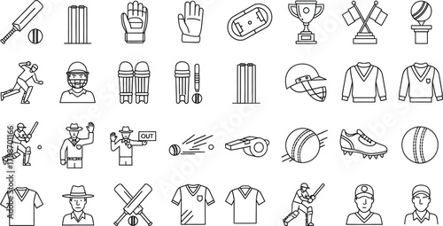 Cricket equipment and player icons vector outline set line editable vector