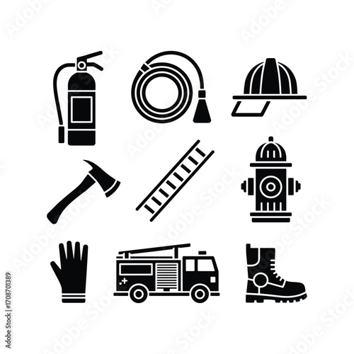 Collection of firefighter icons symbols fire rescue equipment including truck ladder hose extinguisher hydrant hat glove boot