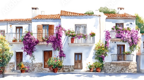 Mediterranean Coastal Village Street – Watercolor Seaside Houses with Colorful Facades and Flower Balconies