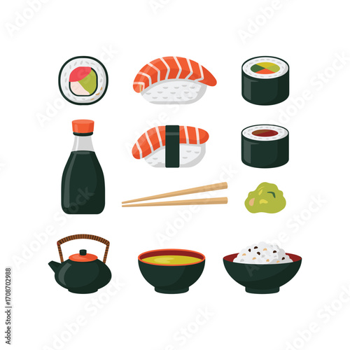 Japanese food set featuring sushi rolls nigiri soy sauce miso soup and rice