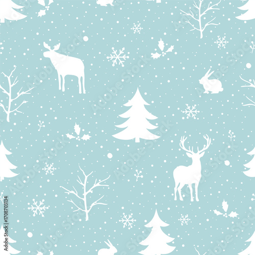 Winter Forest Seamless Pattern. Christmas Print. Winter Woods with Animals, Trees, Snowflakes, Snow, Leaves, Berries. White Silhouettes. Template. Vector Illustration on Light Blue Background