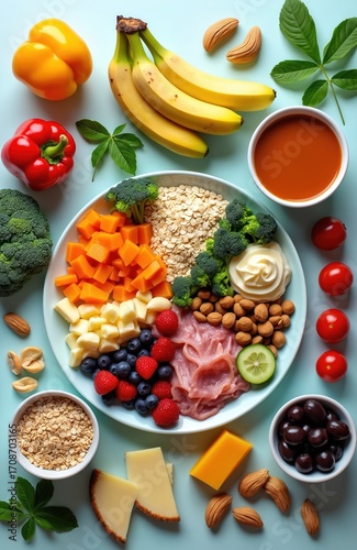 Wallpaper Mural Balanced diet visually presented with fresh fruits like bananas, berries, peppers, alongside vegetables as broccoli, carrots. Includes protein sources like ham, nuts, dairy like cheese, grains like Torontodigital.ca
