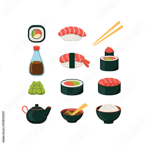 Japanese cuisine assortment delicious sushi miso soup soy sauce teapot chopsticks food collection
