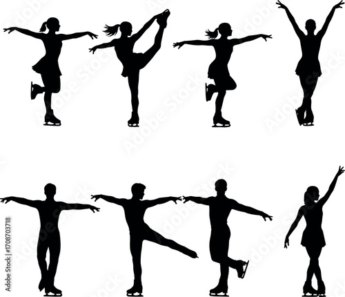 Figure skating silhouettes in dynamic poses showcasing spins, jumps, arabesques, and graceful movements for winter sports vector illustration