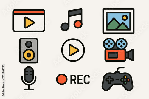 A dynamic collection of icons for media and entertainment in flat line art style! An ideal set for apps, websites, or content marketing, with minimalist design and warm tones.