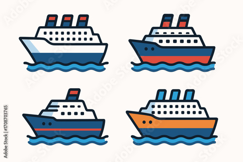A collection of cruise ships in a minimalist line art style, sailing on blue waves — each with a unique design of smokestacks and hulls, creating a sense of sea travel and luxury!