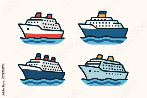 A collection of cruise ships in a minimalist line art style, sailing on blue waves — each with a unique design of smokestacks and hulls, creating a sense of sea travel and luxury!