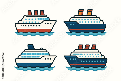 A collection of cruise ships in a minimalist line art style, sailing on blue waves — each with a unique design of smokestacks and hulls, creating a sense of sea travel and luxury!