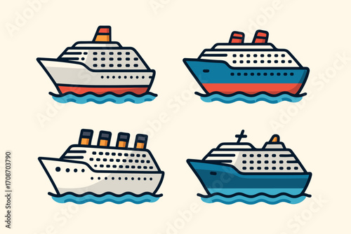 A set of 4 colorful line art illustrations depicting various types of cruise ships on the water.