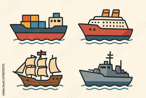 A collection of colorful illustrations of sea vessels with various types of ships, featuring warm tones and waves for an atmosphere in a simple flat style.