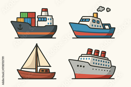 A set of 4 colorful linear icons (in flat design style with outlines) illustrating various types of sea vessels.