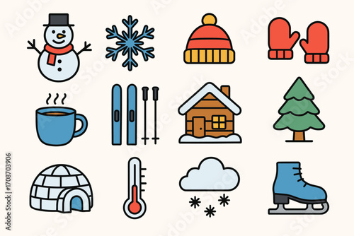 A set of icons designed in a minimalist style using blue, red, black, and white colors associated with winter themes.