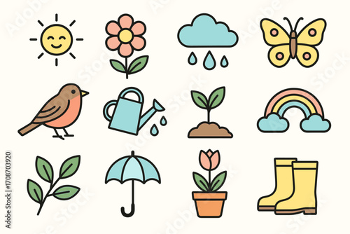 colorful vector flat icons on the theme of spring