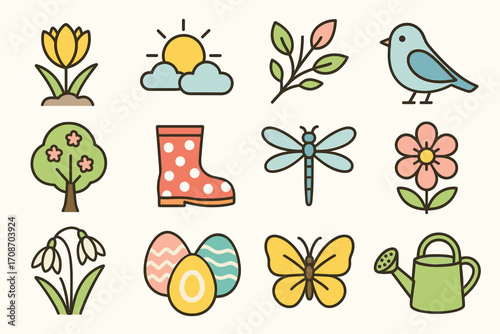 colorful vector flat icons on the theme of spring