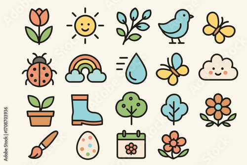 colorful vector flat icons on the theme of spring