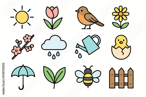 colorful vector flat icons on the theme of spring