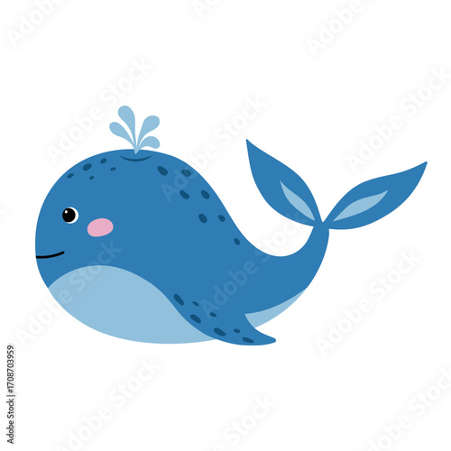 Cute cartoon blue whale isolated on white background. Vector illustration.