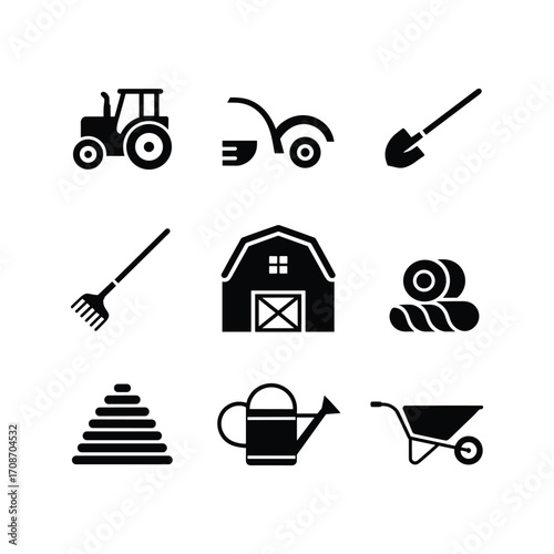 Collection of black farm icons including tractor barn shovel rake watering can wheelbarrow hay bales