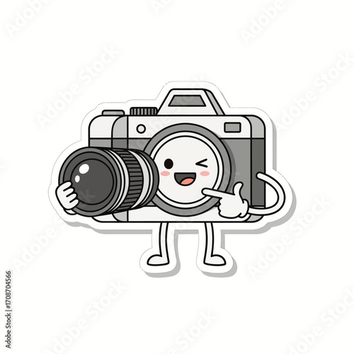 Cute Kawaii Cartoon Camera Character with Lens, Winking and Pointing Finger