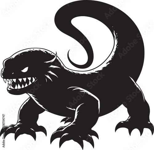 Fierce black salamander creature with sharp teeth and glowing eyes mysterious fantasy beast