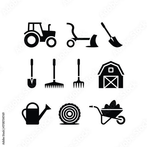 Agricultural farm icons set tractor plow shovel rake barn watering can wheelbarrow hay bale