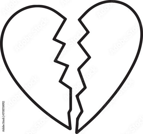 Broken Heart, Breakup Love Simple Vector Illustration, Doodle Hand-drawn Sketch Drawing Line Linear Symbol Icon Engraving Coloring Book Black and White Isolated