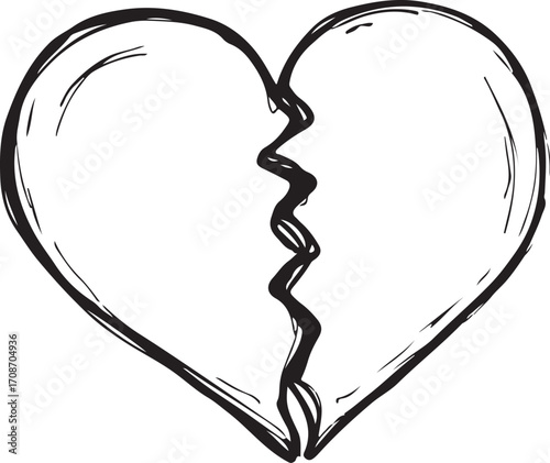 Broken Heart, Breakup Love Simple Vector Illustration, Doodle Hand-drawn Sketch Drawing Line Linear Symbol Icon Engraving Coloring Book Black and White Isolated