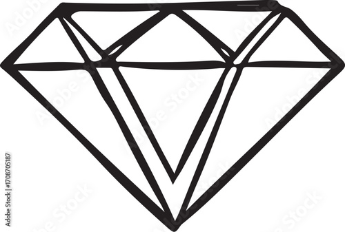 Diamond Gem Gemstone Simple Vector Illustration, Doodle Hand-drawn Sketch Drawing Line Linear Symbol Icon Engraving Coloring Book Black and White Isolated