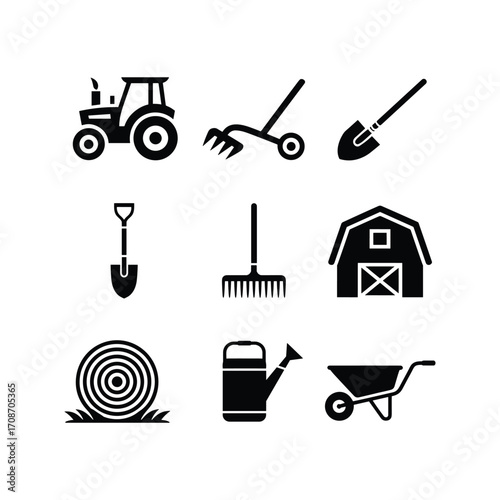Collection of nine black silhouette farming and gardening icons for agriculture and rural themes