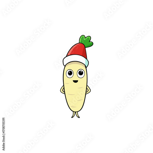 cartoon daikon radish on christmas hat art vector