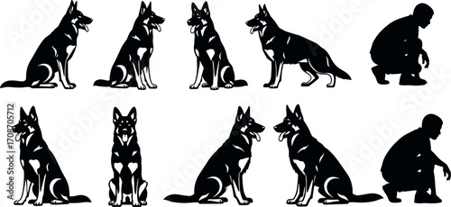 German Shepherd dog silhouettes with human figures in training poses, sitting, standing, lying down, obedience, interaction, black vector art