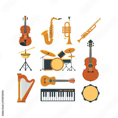 Collection of various musical instruments including string brass woodwind percussion and keyboard