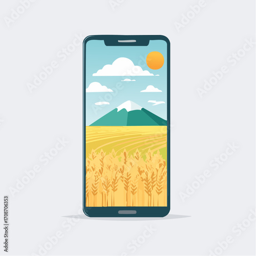 Digital Panorama: A vibrant digital illustration of a scenic landscape is presented on the screen of a sleek smartphone, suggesting the seamless integration of technology and the beauty of nature.