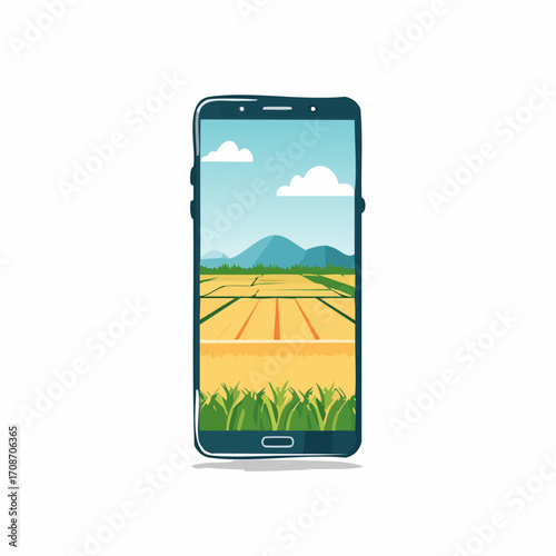 Digital Fields: A smartphone showcases a serene landscape of a field, the device itself acting as a window into a world of agricultural beauty.