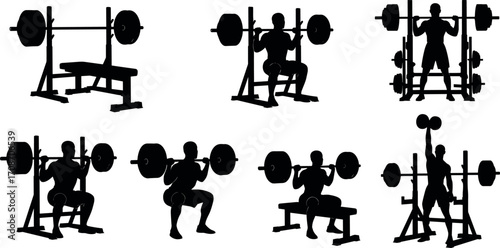 Gym workout silhouette set of barbell exercises including squat, bench press, overhead lift, fitness training poses for strength illustration