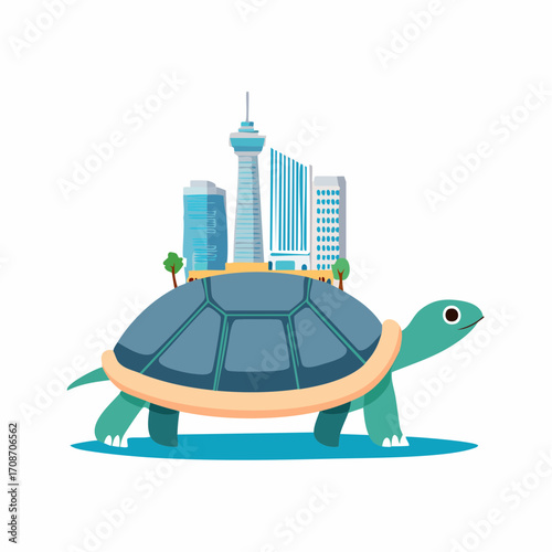 Urban Journey on a Tortoise: A whimsical depiction of a tortoise gracefully carrying an urban skyline on its back, symbolizing the journey of city life, with tall buildings and towers.