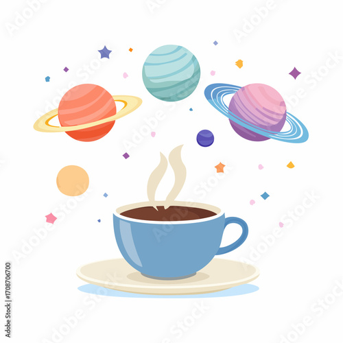 Cosmic Coffee Break: A steaming cup of coffee floating in space, surrounded by planets, sparking wonder, and stimulating imagination. 