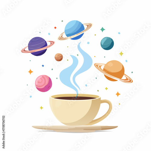 Celestial Brew: A whimsical illustration of a coffee cup, adorned with celestial planets, suggesting a blend of cosmic wonder with daily comfort.