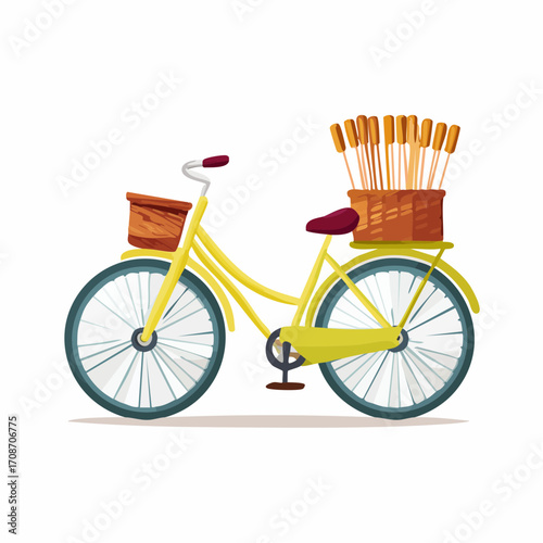 Bicycle of the Pastry Artisan: A cheerful, hand-drawn bicycle transports a bounty of bread, evoking nostalgia and delight. Its basket overflows with fresh pastry. 