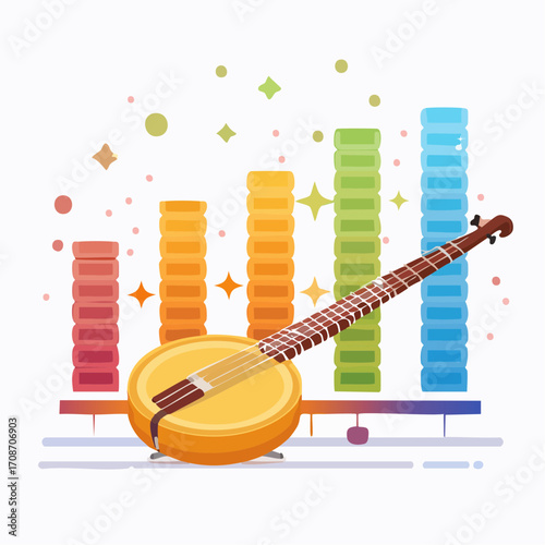 Melodic String Instrument: A vibrant illustration of a traditional string instrument is placed in front of dynamic colorful bars, a true symphony of art.