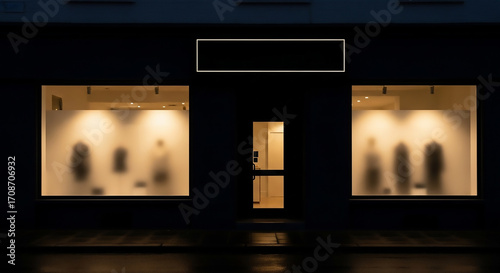 Storefront at night with illuminated displays and a dark facade
