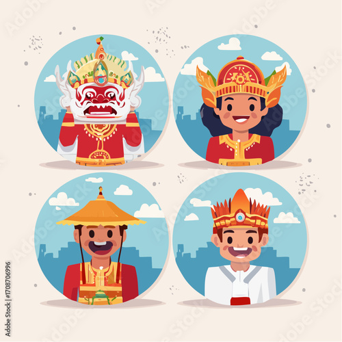 Cultural Characters: A vibrant and detailed illustration showcases diverse cultural characters in a vivid display of ethnic costumes, highlighting traditional artistry and global heritage. 