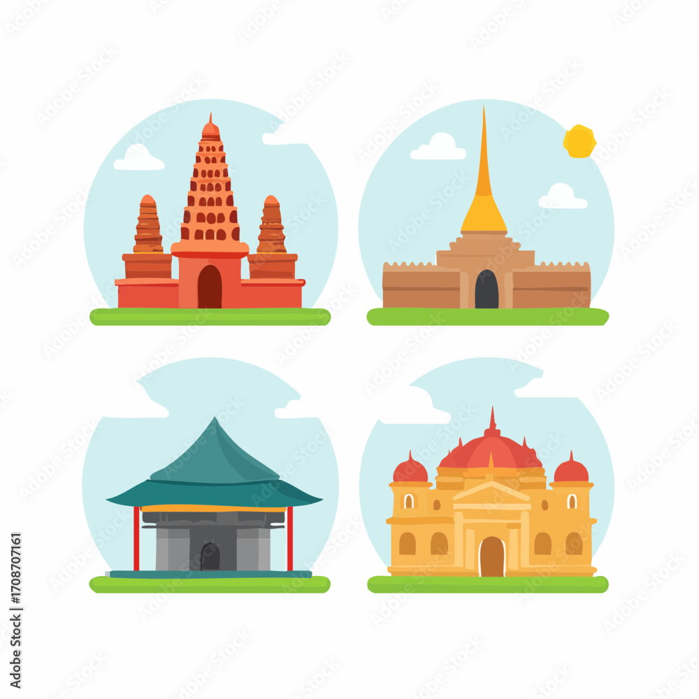 Naklejka premium Architectural Wonders: A set of vibrantly illustrated landmark buildings, rendered in a simple graphic style, showcasing the diversity of architectural marvels around the world.